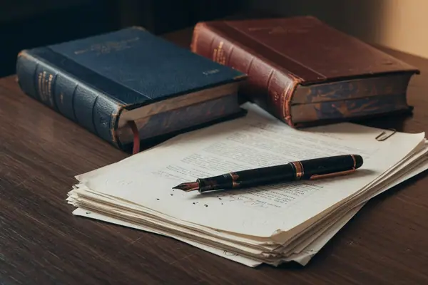 Illustration: a signed document, a fountain pen and law books on a desk.