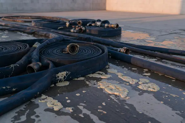 Illustration: firefighting foam and hoses on a training ground.