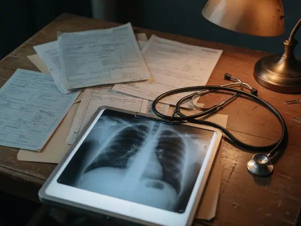 Illustration: medical records and an X-ray on a desk.