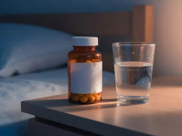 Illustration: an unbranded pill bottle on a bedside table.