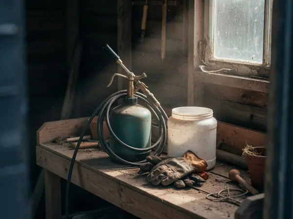 Illustration: a garden sprayer and gloves in a shed.